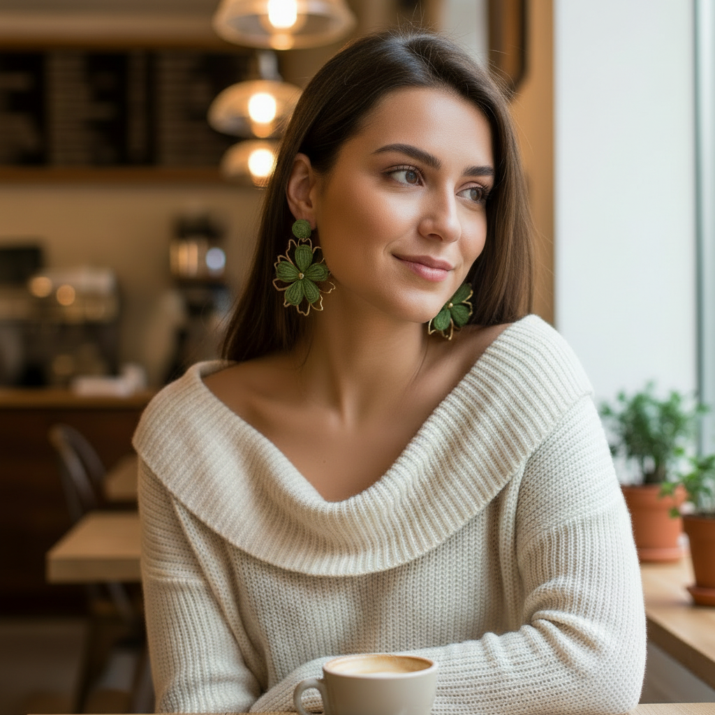 Mona Loba Bloom & Gold yeşil rafya çiçek küpe model görseli