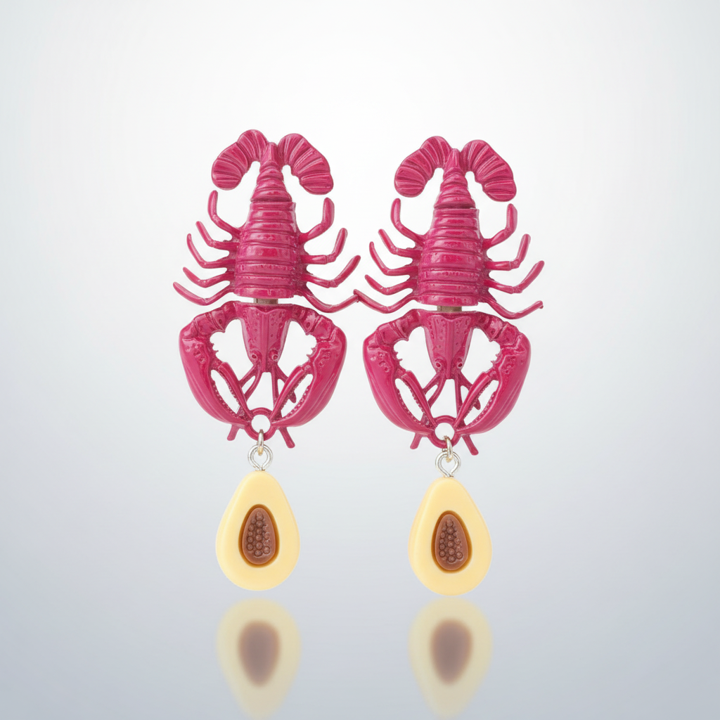 Mona Loba Lobster & Avocado eğlenceli pembe küpe detay