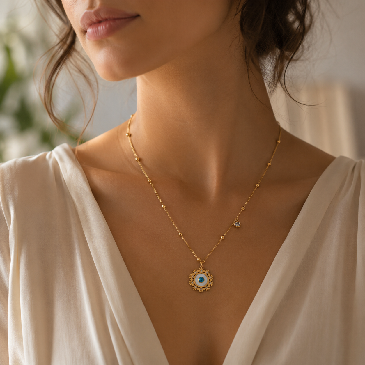 Mona Loba Solevia mavi taşlı güneş kolye model görseli